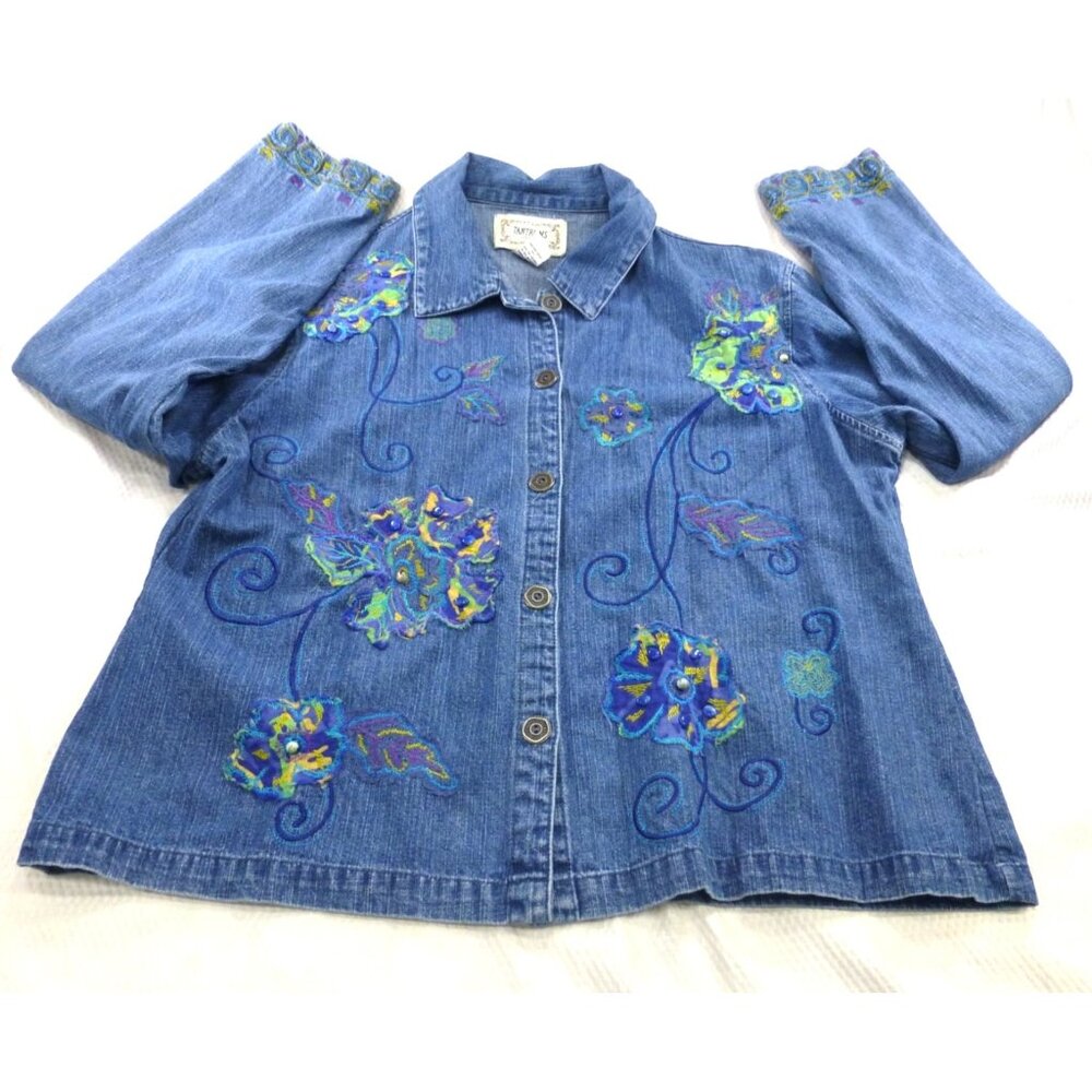 VTG Tantrums Womens Embroidered Denim Jacket XL Button-Up Floral Design